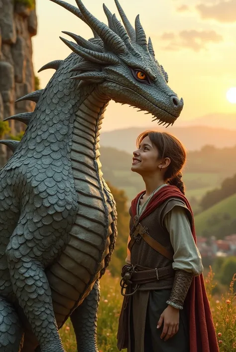 An image of a Middle Ages peasant and a silver-scaled dragon being great friends 