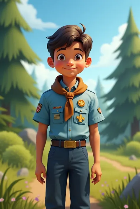 image of a  boy scout wearing a brown scarf ,  light blue shirt and midnight blue pants with Lizs flower badge on his right shoulder