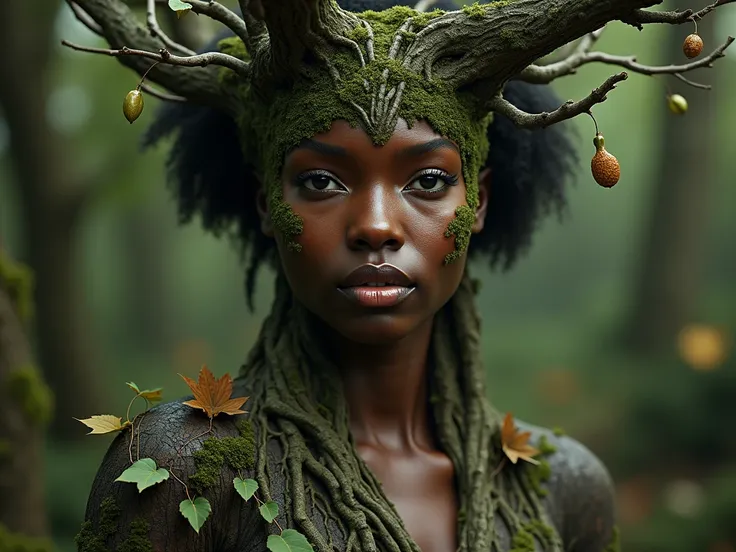 Create a hyper-realistic half-body photo of a black women who has merged with a tree. Their face is intricately made of branches and leaves, blending seamlessly into human features but looking more tree-like than human. The upper body has a natural texture...