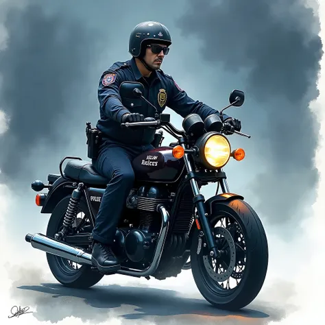  Create in Watercolor style. dark.  Create a cop on a bike. There is no background in the image, Just the cop on the bike . 