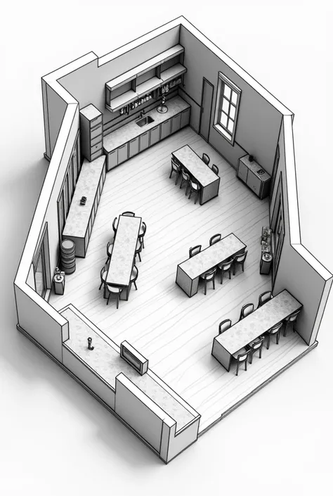  a drawing of a pastry with dining table and sink,  Floor Plan  view,  orthographic 3D rendering , axonometric aerial view 2d ,  seen from the overlying kitchen camera , Bird&#39;s eye view 2d, open plan, highly detailed confectionery ,  Floor Plan , ortho...