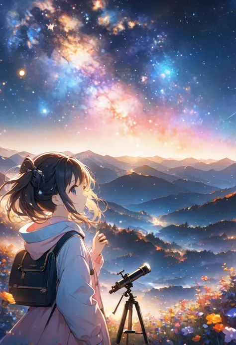 anime girl looking at the stars through a telescope, girl looks at the space, looking to stars, anime style 4 k, 4k anime wallpaper, anime wallaper, anime wallpaper 4 k, anime wallpaper 4k, hd anime wallaper, anime girl desktop background, anime background...