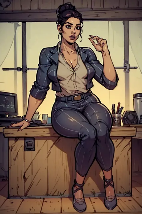 Digital art, highly detailed, angled view, sexy sitting pose, legs spread apart, mature woman, adult female, full curvy figure, whole body, form-fitting, Jane Romero (Dead by Daylight) inspired costume, pinstriped blazer, blouse, belt, pinstriped baggy pan...