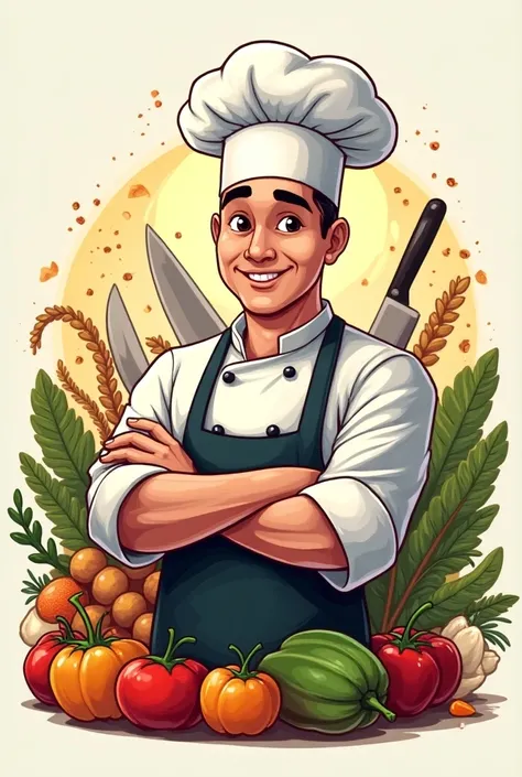  Generate a Master Chef logo for ren ,  that have healthy foods , kitchen implements , That is not a knife ,  the image that is of a , Let it be colorful