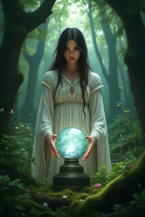 White witch with dark brown hair and small eyes using crystal ball in the forest