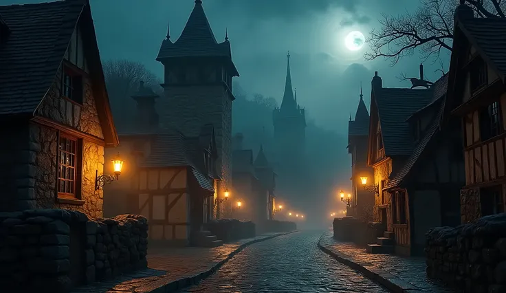 a medieval village at night, torches lighting the dark streets, shadows covering the ground, detailed architecture, cobblestone roads, moonlight, atmospheric lighting, cinematic mood, detailed textures, moody colors, muted tones, dramatic lighting, medieva...