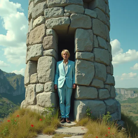 a blond man, wearing light blue suit. He is in a giant stone tower . Is a 20-year-old Bolivian girl in the window .  the tower is surrounded by a rock big trees, Below grass and flowers 