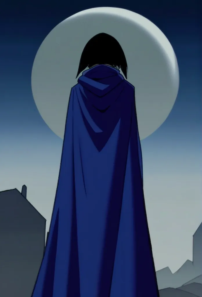 1girl, solo, raven (dc), blue cape covering whole body, long blue cape, cape reaches the ground, standing, moon, night, hood cov...