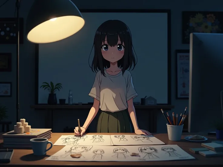  A dark scene from an anime-style studio setting Lofi in an animation studio office,  with some studio elements visible in the background , Highlight of the table in the center showing her all filled with drawings about her .
