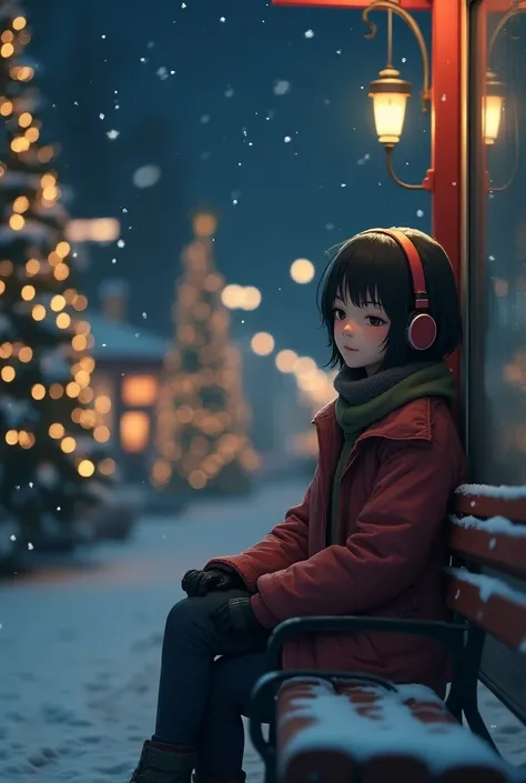 ((Best Quality)),(masterpiece)),(  Details),(Realistic),80s Anime、Wide-angle shooting、Long-distance shooting、Ghibli style、 Lo-Fi Art Style 、 nostalgic、 Christmas lights are shining、Snow falls and piles up 、 woman is sitting listening to music、She has headp...