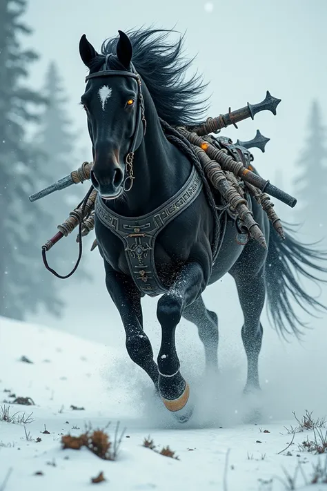 Voilent strong black horse running in snow with crazy weapons 