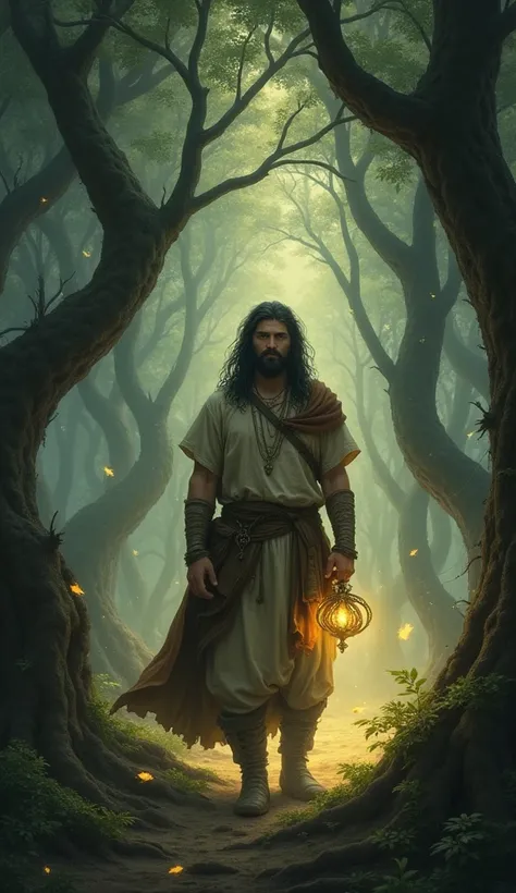 "A peaceful, heroic human figure standing in the same dark, enchanted forest as the monster. The person is illuminated by a soft, golden glow, looking serene and kind, with wise eyes that seem to have seen ancient ages. Wearing simple, weathered clothing, ...