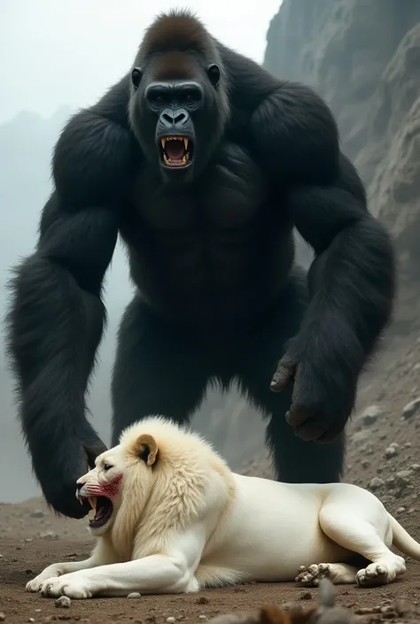 A dead white lionis lying on the groundand a prehistoric woolly black Gorilla is standing with one foot on top of the white Lion.lionface was injured

