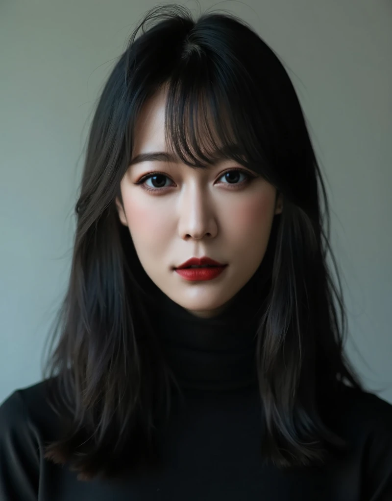 1girl, studio, headshot, medium shot, black turtleneck, black hair, long hair, straight hair, swept bangs, asian