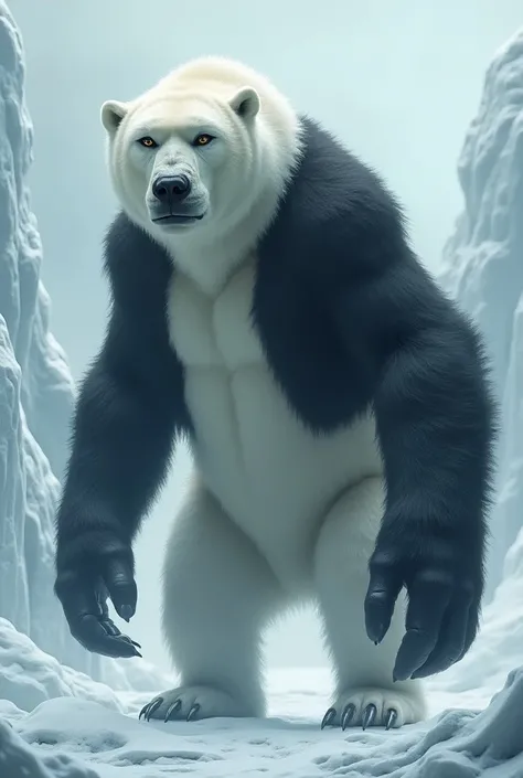  A surreal hybrid creature that combines a bear Polar and a ferocious gorilla.  She has the body structure of a polar bear , with dense white fur ,  and the face and robust musculature of a gorilla .  Her arms are strangely long and covered with a black co...