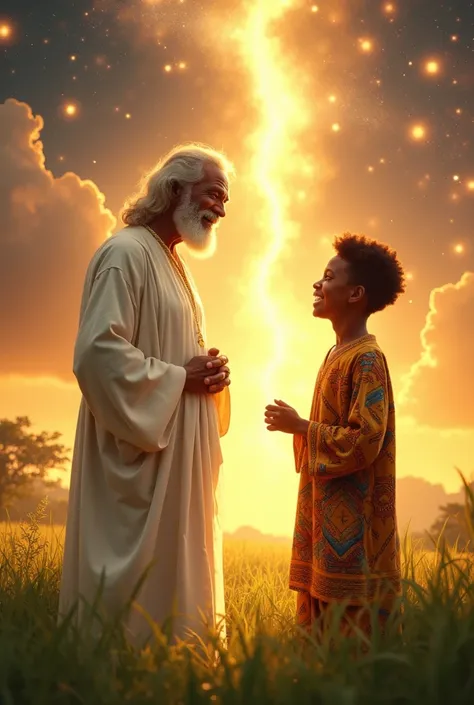 God, represented as a warm and wise elder in radiant white robes, laughs heartily while meeting a teenage Ghanaian boy in traditional    Kente cloth, who is smiling and relaxed. The background is an ethereal blend of cosmic light and African landscapes wit...