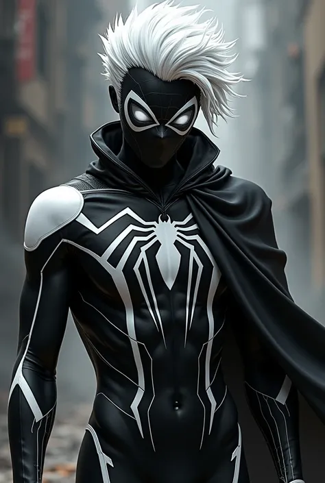 Gojo Satoru en costume de Spider-Man, palette de couleur noir et blanc