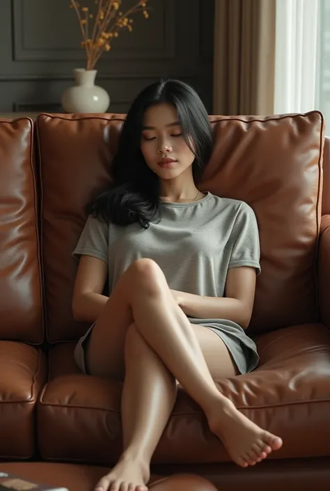 Create an image of a Thai woman sitting on a leather sofa, putting her legs on the footrest