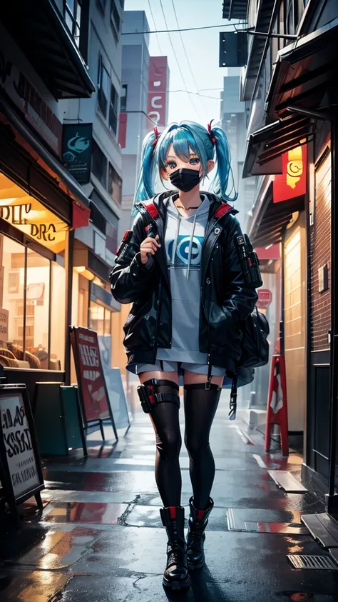 gun, cyberpunk fashion, twin tails,light blue hair boots , rucksack ,Food,Green Eyes, mask,