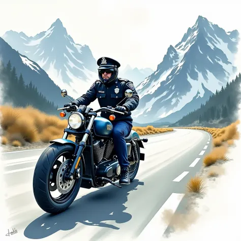  Create in Watercolor style. dark. Create a policeman on top of a motorbike driving on a road that passes through a vast mountain landscape. 