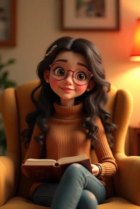 A Pixar-style 3D woman conveying realistic details , flawless and illuminated skin , young pretty round face wide full body light brown eyes accentuating a sweetness in her eyes,  long curly hair, Your hair has a very beautiful hairstyle with a hair access...