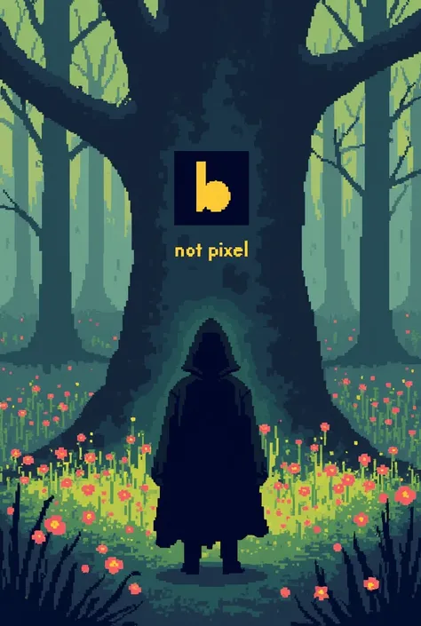 create a pixelated image with few colors of spring, in the forest, must have many flowers, have a person with his back turned, wearing a black cloak, looking at the picture on the tree, the picture has a big black square logo, has a yellow square dot in th...