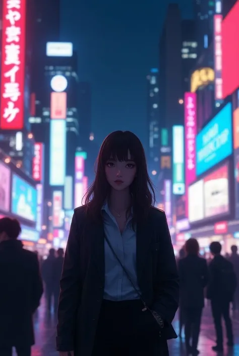 woman standing in city crowd, anime, neon, Realistic