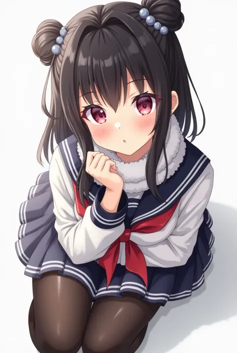  1 girl,  Blushing , chest,  Hi-Res,  open your mouth , Long Hair,  black hair,  bun hair, 大きなchest,  simple background, Character portrait,  accessories with gray hair, uniform、The foot is shown from the head、School、tights、 Loafers、 muffler 、 cute face、
