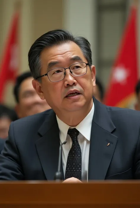 generates an image of Alberto Fujimori young , with lenses and thinner in 1990 giving a speech at the United Nations headquarters, But in the background a civil war ,  with red flags on our hands and signs that say Honor and Glory to President Gonzalo
