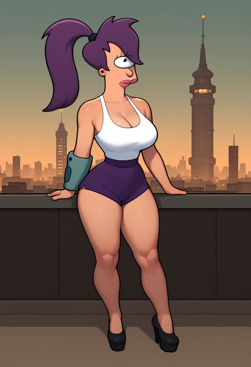 turanga leela from futurama, ciclops, one eye in head, girl, human race, one eyed girl, purple ponytail hair, large breast, thic...