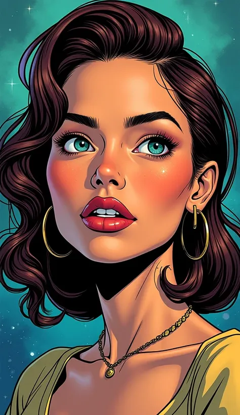 image adult woman, American, Midjourney style comic book style. SHE is a Gemini sign. FOCUS ON THE FACE. with a discreet smile. WITH DISCREET CLOTHING. non-vulgar image. in a mystical location.
