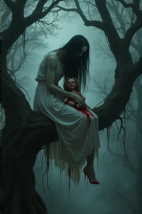  above the height there is a woman wearing a plain white dress , shabby, tangled , kosor ,  with very long hair ,  has her head down to the bwah with her face Spooky Pale Sitting on a Tree Bough Carrying a Spooky Stuffed Bush,  like an anabell doll ,  with...