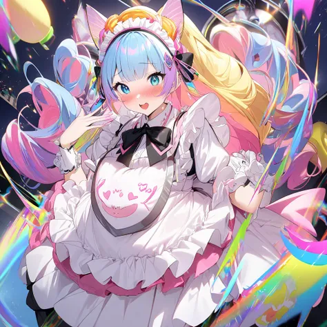 1girl, masterpiece, Best Quality,  very aesthetic,  ultra high resolution、Maid、Maid服、Cat ears、tail、 Beautiful Girl、Cute、Beauty、beautiful、Shake it、 imaginary、 colorful 、 is embarrassing、Embarrassed