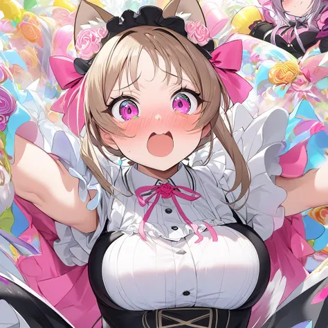 1girl, masterpiece, Best Quality,  very aesthetic,  ultra high resolution、Maid、Maid服、Cat ears、tail、 Beautiful Girl、Cute、Beauty、beautiful、Shake it、 imaginary、 colorful 、 is embarrassing、Embarrassed