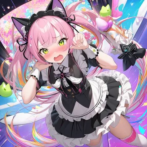 1girl, masterpiece, Best Quality,  very aesthetic,  ultra high resolution、Maid、Maid服、Cat ears、tail、 Beautiful Girl、Cute、Beauty、beautiful、Shake it、 imaginary、 colorful 、 is embarrassing、Embarrassed