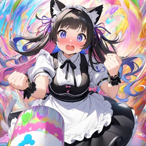 1girl, masterpiece, Best Quality,  very aesthetic,  ultra high resolution、Maid、Maid服、Cat ears、tail、 Beautiful Girl、Cute、Beauty、beautiful、Shake it、 imaginary、 colorful 、 is embarrassing、Embarrassed