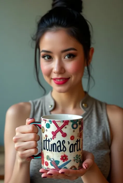 Woman with black hair in a bun , entrepreneurial,  works with creative sewing and sublimation .  She is holding an empty white crockery mug, Written on the Attinasart mug. Inside the mug sewing lines,  scissors, buttons, zipper.  a colored image , That loo...