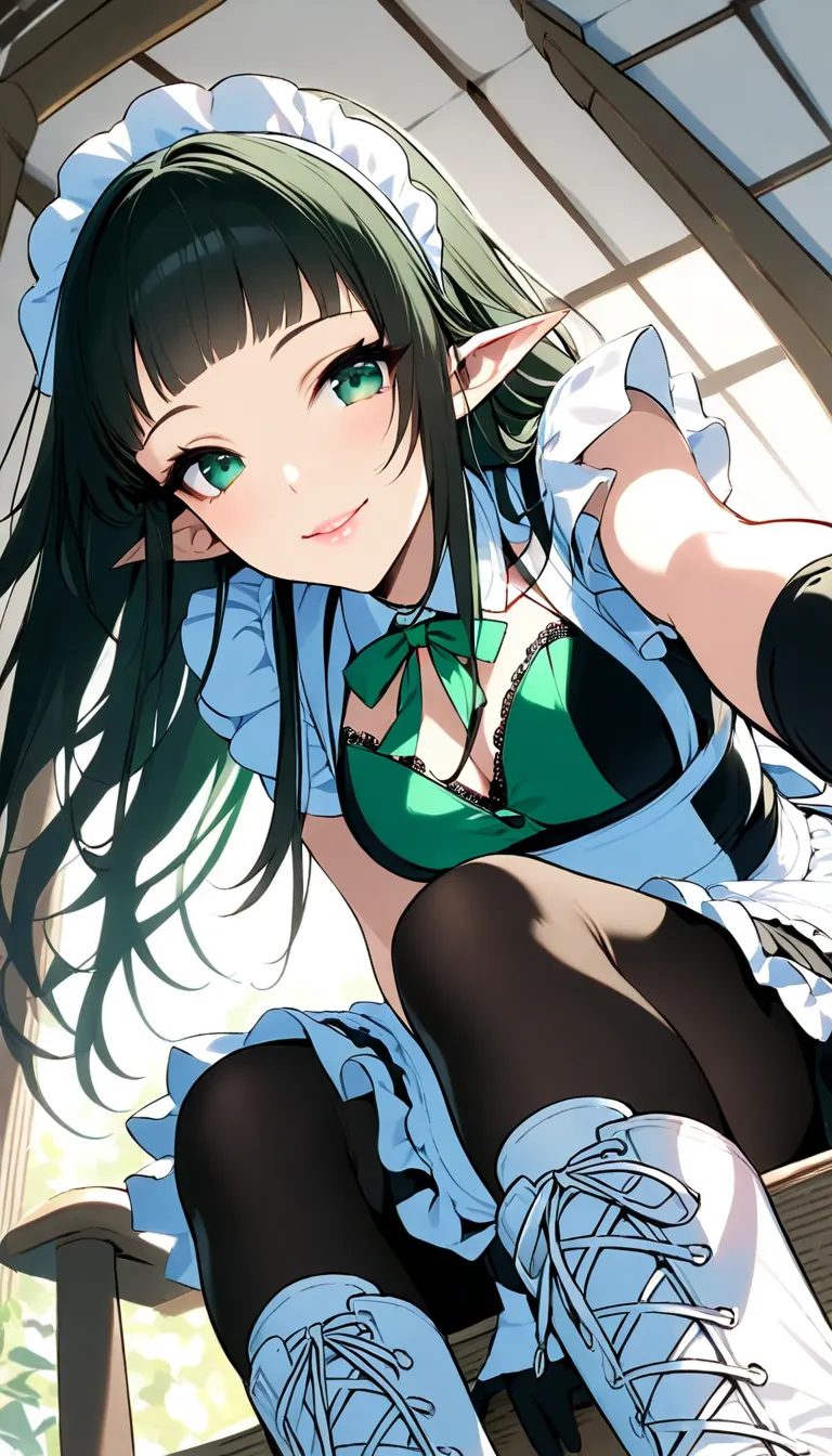 (masterpiece, best quality:1.2), 1girl, bshp, solo, black straight hair, blunt bangs, dark green eyes, pointy ears, lips apart, ...