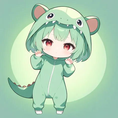 (((Anime))), Character Icon, Pastel One Woman ,Chibi, One Woman Wearing a Kigurumi, full body shot,Dinosaur Kigurumi ,green,Claw Pose,Red eyes,green hair simple background ,white,Backlight,masterpiece,  please redeem  ,Exquisite,8k,  absurd,  ultra-thin il...