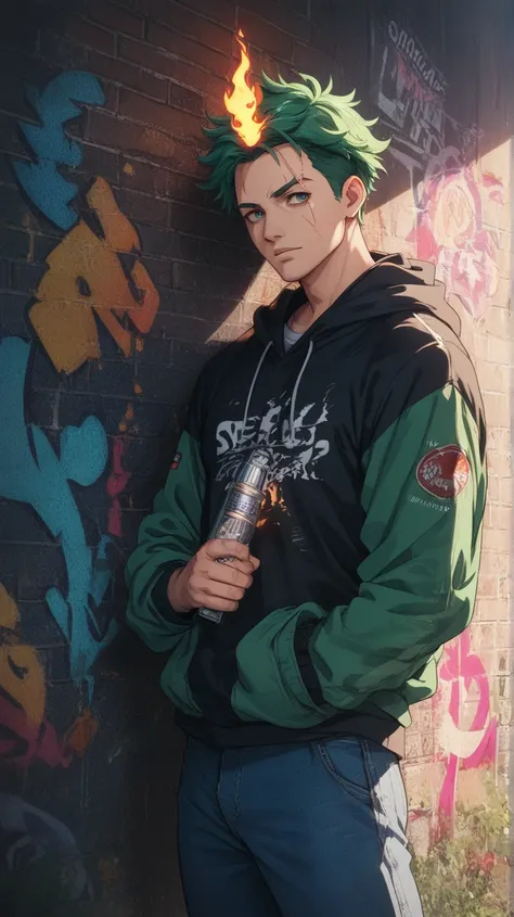 straight to viewer A fierce-looking street fighter with short, spiky green hair and a single scar across his eyebrow, dressed in a ripped black hoodie and a graphic tee featuring a flaming skull. He leans against a gritty urban wall with graffiti, surround...