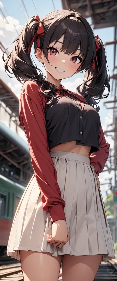 Young woman standing on a railroad track、 low angle,  blurry background, beautiful,masterpiece, Super detailed,  Hi-Res,(1 person,  cute young woman, Age 15, medium bust ,  black hair,  twin tails、Big red ribbon、Smile)