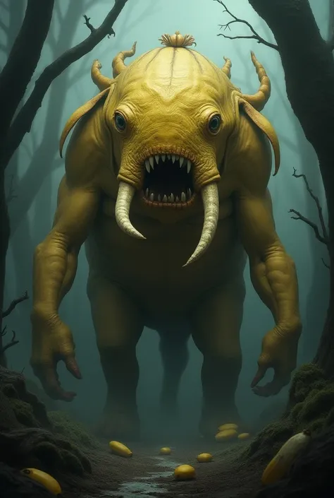  "Create a hybrid creature that combines elements of a banana and an elephant into one monstrous being. The creature should have an elongated, banana-shaped body with rough, wrinkled elephant skin, tusks protruding from its sides, and a trunk-like extensio...