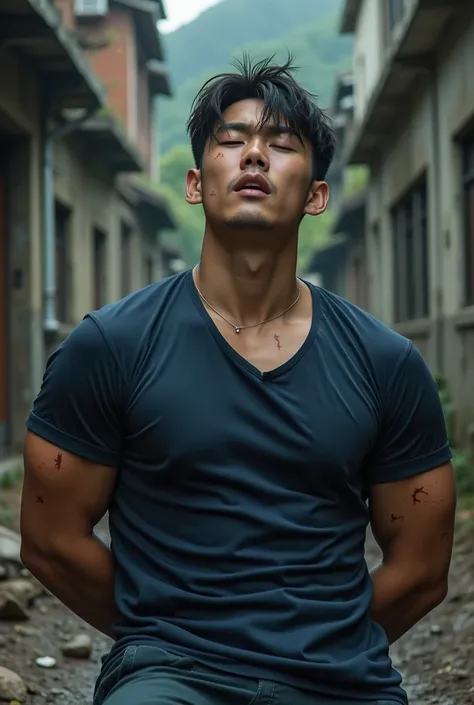 A handsome young Korean man with his arms behind his back is tied with a rope ((Big arm muscles))  bodybuilder style, tight-fitting T-shirt (((Mud Clay Blouse ))) Short sleeves, navy, closed eyes, open mouth , Natural light background ,  Outside destroyed ...