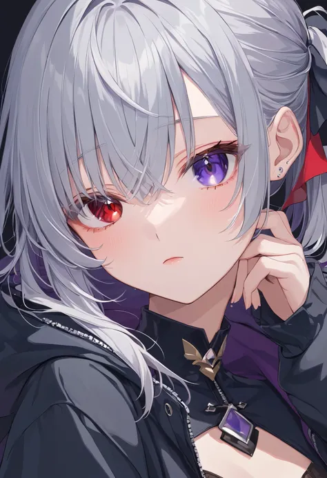 High image quality , cute , one woman , Gray Hair , red and black iris heterochromia ,♰Eyes and shoulders are protruding , jacket