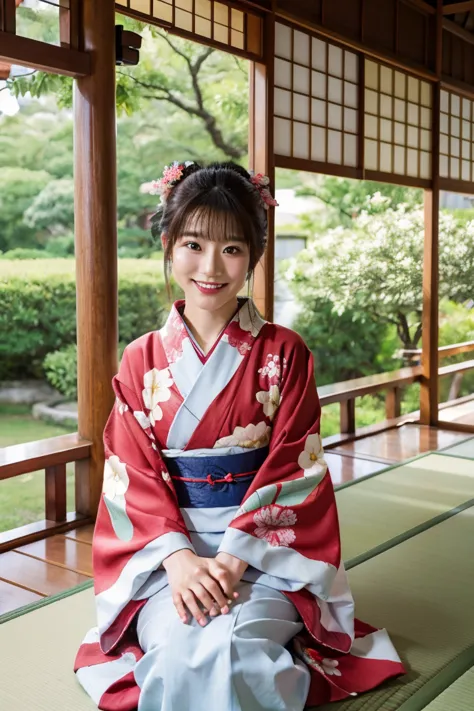 high quality,japanese girl, wearing kimono, sitting, japanese verandah,smilling