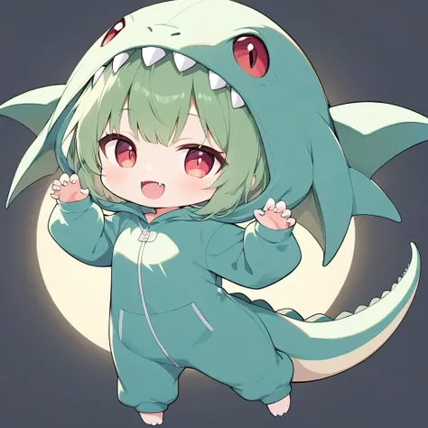 (((Anime))), Character Icon, Pastel One Woman ,Chibi, One Woman Wearing a Kigurumi, full body shot,Dinosaur Kigurumi ,green,Claw Pose,Red eyes, green hair,Open mouth smile,fangs simple background ,white,Backlight,masterpiece,  please redeem  ,Exquisite,8k,...