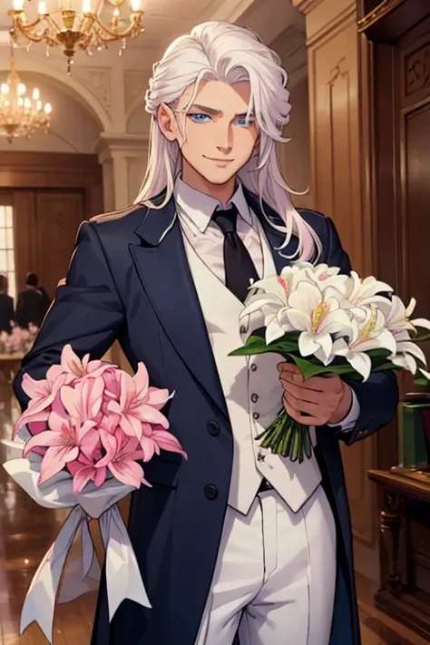 Perfect face. Perfect hands. A young white haired man with blue eyes and long hair in a fancy white suit is smiling while holding a bouquet of pink lilies  in a Gothic ballroom