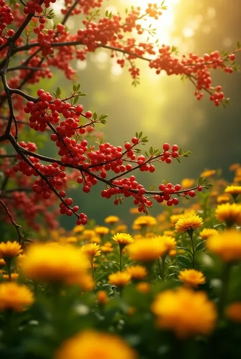 Branches with lots of red grains and lots of yellow flowers blooming around