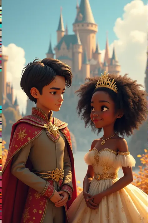 I wanted an image for a  .  It would have a slouchy, smooth-haired boy dressed as a prince and an African girl dressed as a princess. in the background a castle.