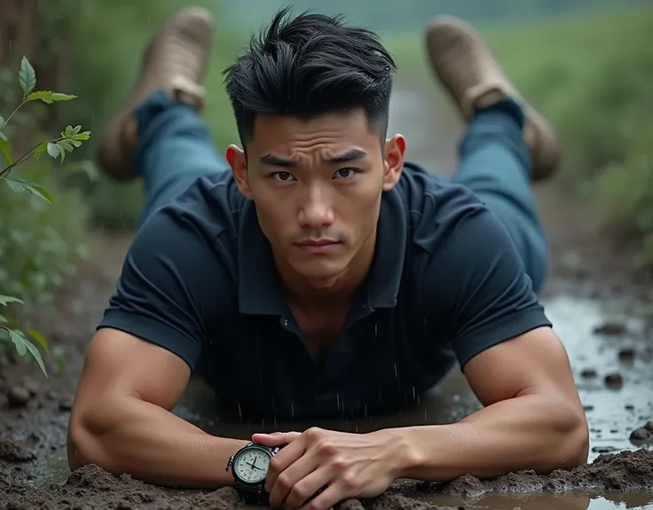  Realistic images, realistic, Korean man, very handsome 、Short Fade Cut 、, bend the face、18 years old、, a very handsome, cute bodybuilder, 、Big muscles. Wide shoulders. , Muscle Ties 、Man、Short hair、 big , (Wear a black undershirt)、Wear a navy polo shirt, ...